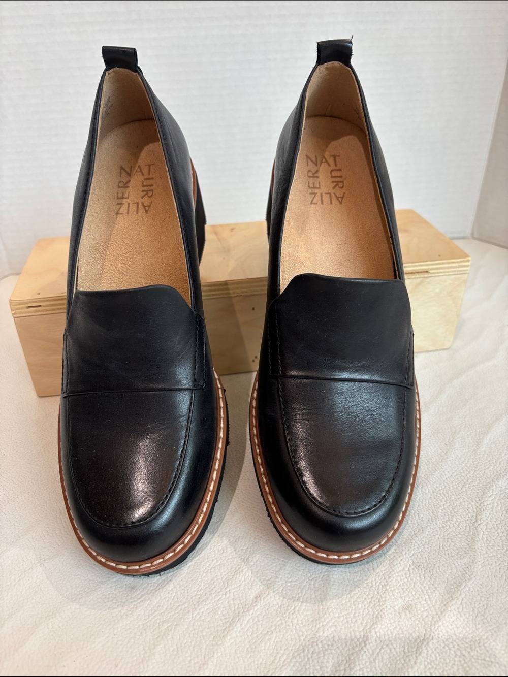 Naturalizer Black Leather Penny Loafers with Brown Trim